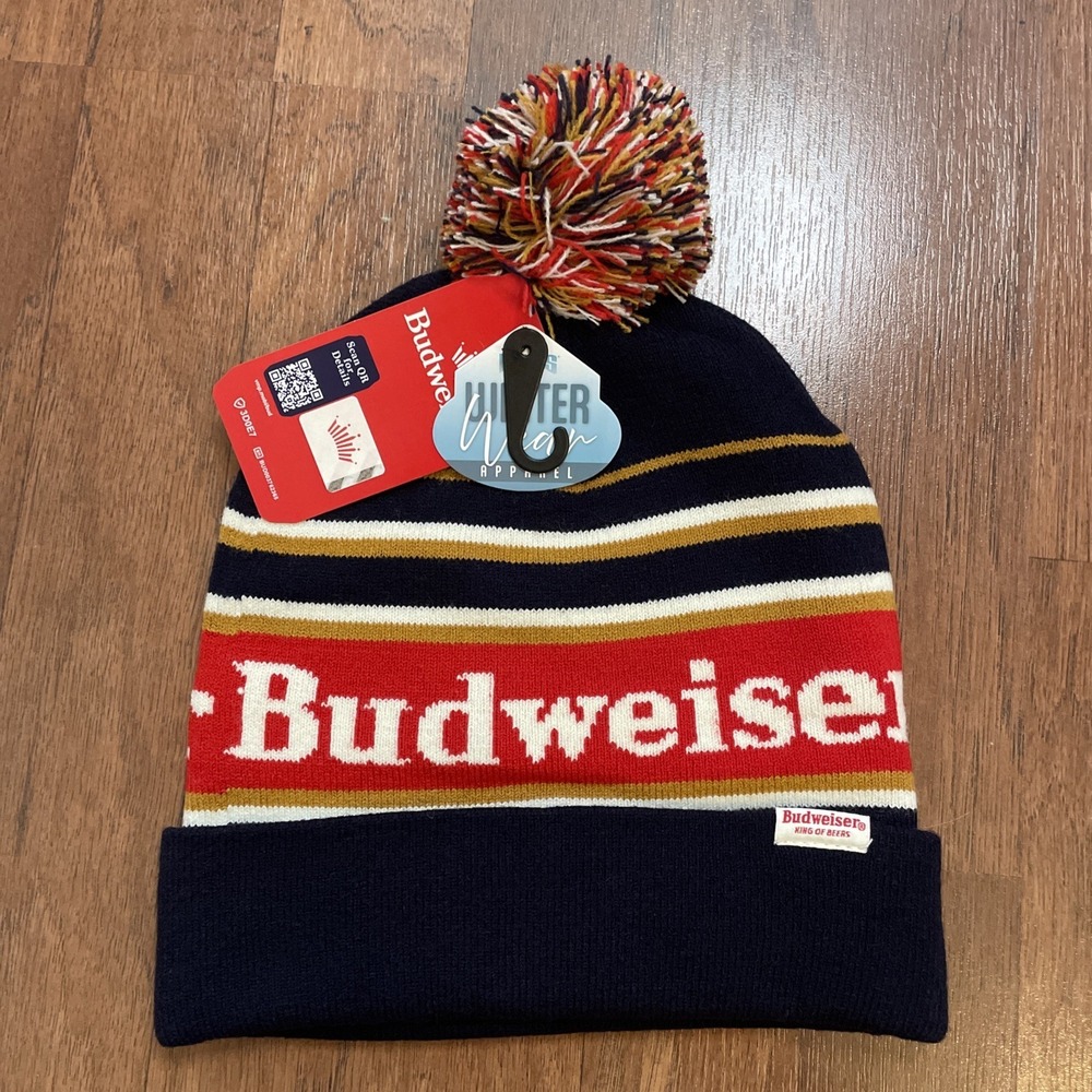 Budweiser Beanie Toque Adult One Size Red White Blue Knit Acrylic Snow Ski Pom